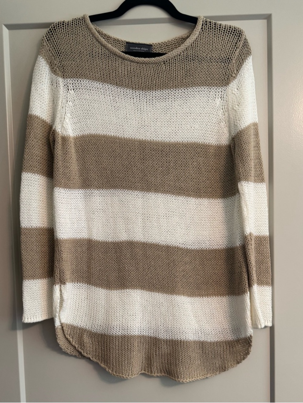 Wooden Ships Cream and Tan Striped Crochet Pullover